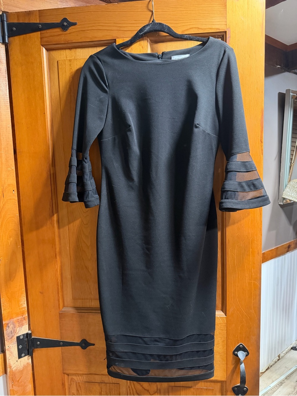 Calvin Klein Black Midi Sheath Dress with Tiered Mesh Sleeves